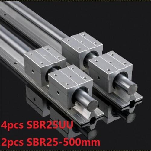 2pcs SBR25 25mm -L 500mm support rail linear guide + 4pcs SBR25UU linear bearing blocks for CNC router parts linear rail guide