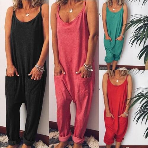 4-color Summer Women Sexy Suspender Open Back Pocket Jumpsuit Casual Pocket Romper Long Playsuit Womens Sleeveless Overalls