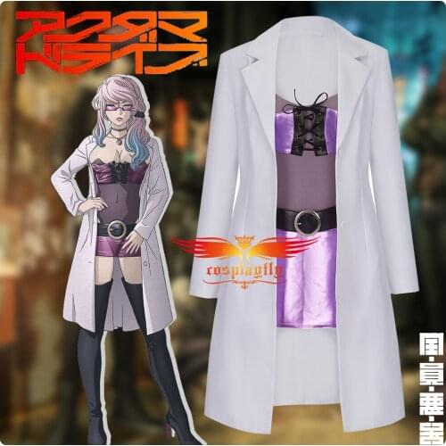Anime Akudama Drive Doctor Isha Cosplay Costume Outfits for Adult Women Purple Jumpsuit Corset Trench Skirt Halloween Carnival