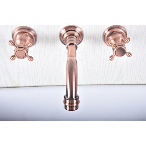 Antique Red Copper Double Handle Wall Mounted Bathroom Faucets Sink Faucet Hot & Cold Water Taps Basin Mixer Tap Set tsf501