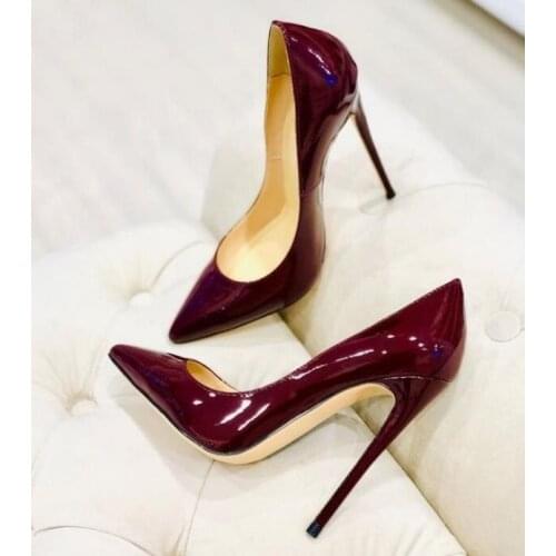 Burgundy High Heels Shoes Patent Leather Pointed Toe 8 10 12CM Stiletto Pumps Shoes Women Slip-on Wedding Shoes Bride Customized