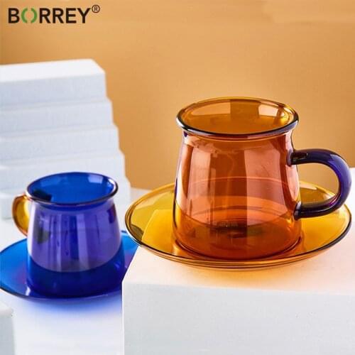 BORREY Color Glass Coffee Cup Dish Set Water Cup Heat-Resistant Glass Mugs Cafe Party Afternoon Teacup and Saucer Set Amber Gift