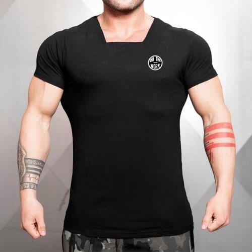 Brand Mens Short sleeve Cotton T-shirt Gyms Fitness Workout t shirt Male Summer Casual Square collar Slim Tees Tops clothing