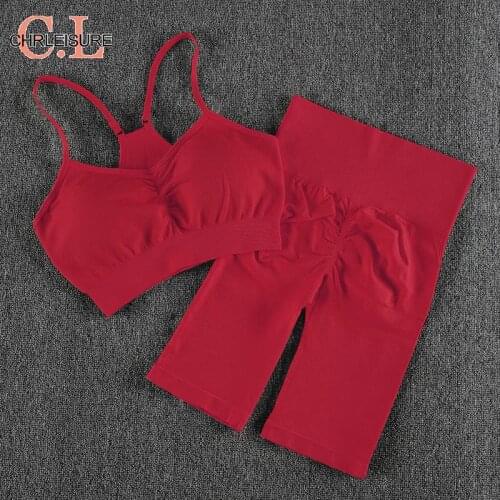 CHRLEISURE Short 2 Pieces Set Women Gym Sexy Crop Tank Top Biker Shorts Women Tracksuit Bra High Waist Seamless Outfits