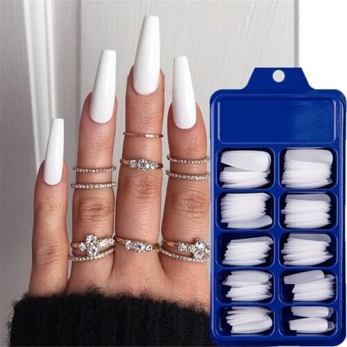 100PCS Flat Head Fluorescent Solid Color False Nail Full Cover Long Coffin Ballerina French Fake Nails Maiden DIY Beauty Tools