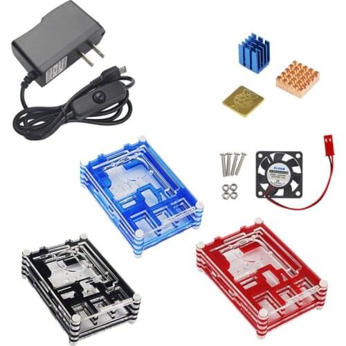 For Raspberry Pi 3 Model B Accessory Kit Heat Sink+Radiator Fan+5V2.5A Switch Power Supply+Acrylic Case