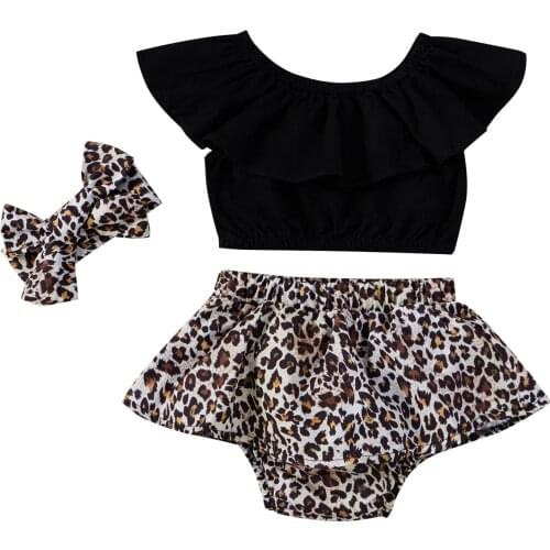 FOCUSNORM Summer 3Pcs Baby Girl Clothes Sets Outfits Leopard Print Short Sleeve Ruffle Crop Tops + Tutu Bloomers + Headband Set