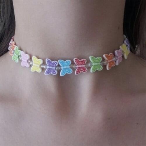 Colorful butterfly beads strands necklaces for kids girls plastic summer beach necklace for teenage girls y2k jewlery 2021