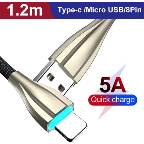 Micro USB 8Pin Type-C 5A Breath Light Fast Charging Cable Data Cord for iPhone