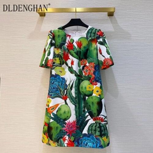 DLINGHAN Fashion Cactus Flower Print Mini Dress Womens Elegant Short sleeve Loose Dresses Female Designer Autumn New