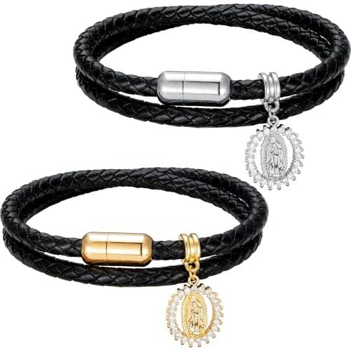 Trendy Holy Virgin Mary Bracelet Religion Dainty Cubic Zircon Leather Rope Chain Bracelets Women Golden Christian Jewelry