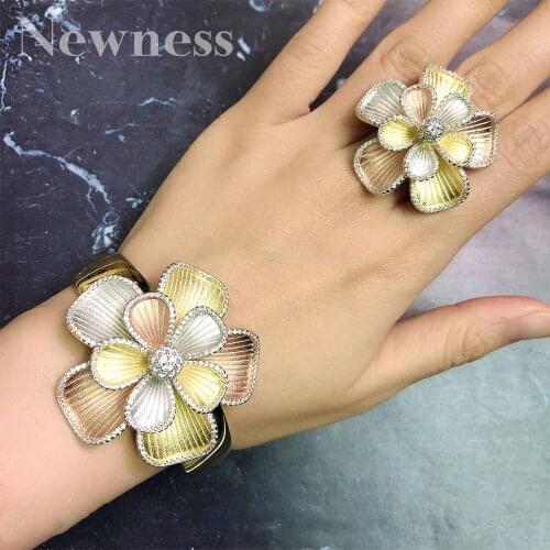 Newness Luxury Flower African Bangle Ring Set Jewelry Set For Women Wedding Cubic Zircon Crystal CZ Dubai Bridal Jewelry Set