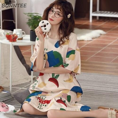 Nightgowns Womens Short Sleeve Plus Size Fashion Kawaii Printed O-neck Knee-length Summer Nightdress Female Sleepshirts Loose