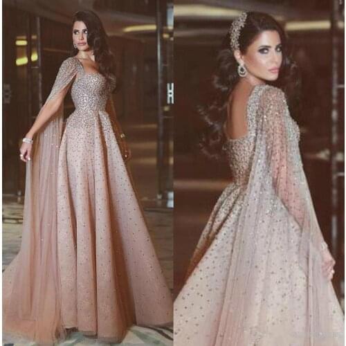 2021 New Champagne Rhinestone Prom Dresses Crystal Beaded Formal Evening Dress With Cape Floor Length Custom Made Evening Gowns