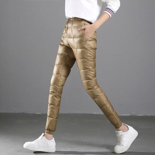 New Autumn Winter Fashion Warm White Duck Down Pants Women Elastic Waist Trousers Female Casual Slim Pencil Pant Outwear Mw111