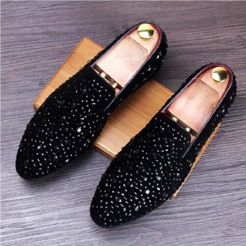 New Men Black Diamond Rhinestones Spiked Loafers Rivets Shoes Red Bottom Wedding Party Shoes