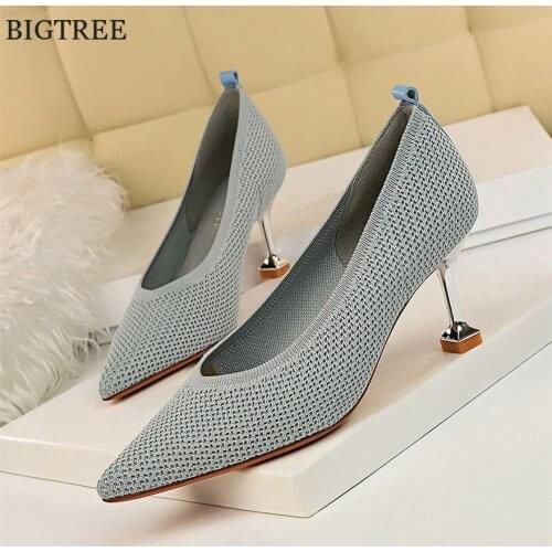 Autumn Women Concise Stretch Knit Fabric Pumps Pointed Toe Metal Heels Female Dress Shoes Slip On V Mouth Blue Lady Office Shoes