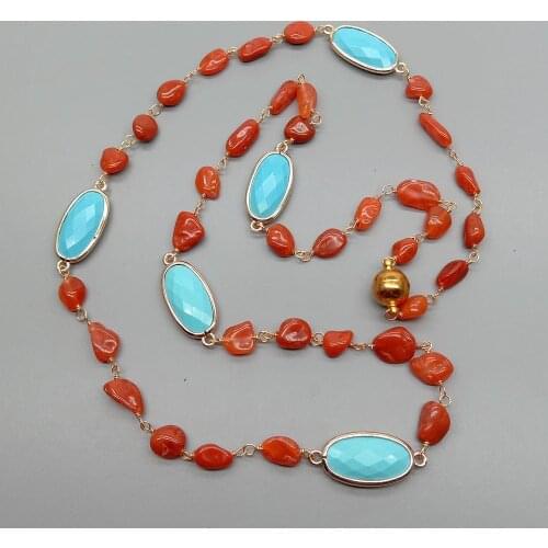 YYGEM Blue Crystal Faceted Oval Natural Red Blood Agate Nugget Rosary ChainBezel Set Wrap Necklace 28"