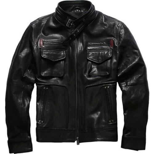Spring and Autumn Casual Hunting Leather Jacket Mens Retro Casual Short Multi-Pocket Vegetable Tanned sheepskin Leather Jacket