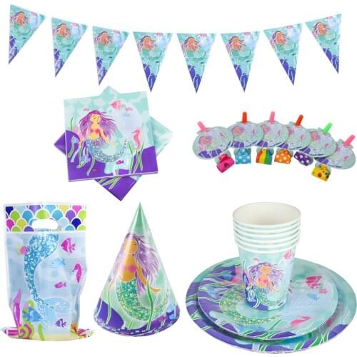Little Mermaid Party Supplies Mermaid Birthday Parties Disposable Tableware Kit Girl 1st First Birthday Under The Sea Decoration