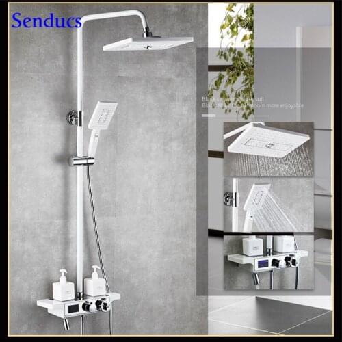Senducs White Thermostatic Bathroom Shower Set Quality Brass Bath Shower Mixer Tap Intelligent Digital Bathroom Shower Set