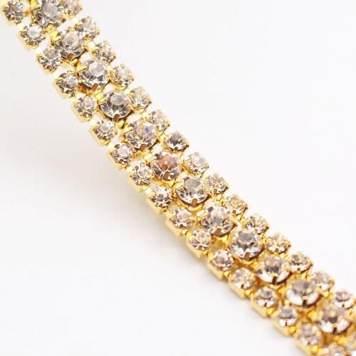 Rhinestones Cup Chain 1 Yard 3 Rows Copper Claws Shiny Crystals stones Chain Rhinestones Strass Sewing Rhinestones For Clothes