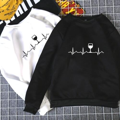 Wine Heartbeat Print Spring Autumn hoodies women casual long sleeve o neck Loose female cartoon cute Sweatshirt femme clothing