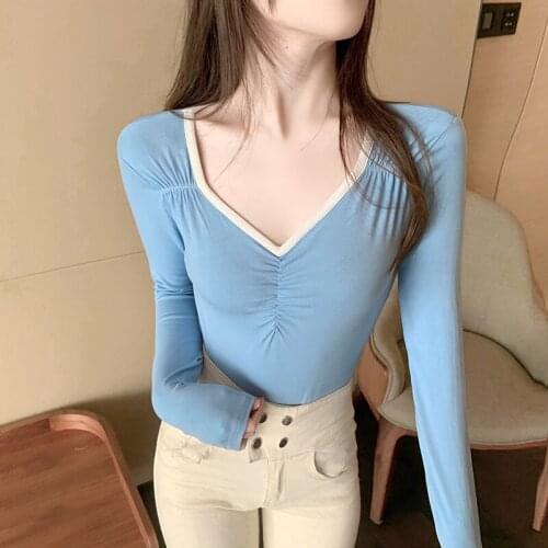 Spring Summer Woman Sexy Slim Casual V Neck Long Sleeve Top T Shirt YOU92