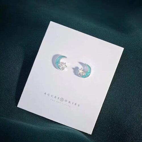 Blue Color Moon Stud Earring For Women Silver Colour Star Cute Simplicity Korean Fashion Teen Girl Friendship Party Jewelry Gift