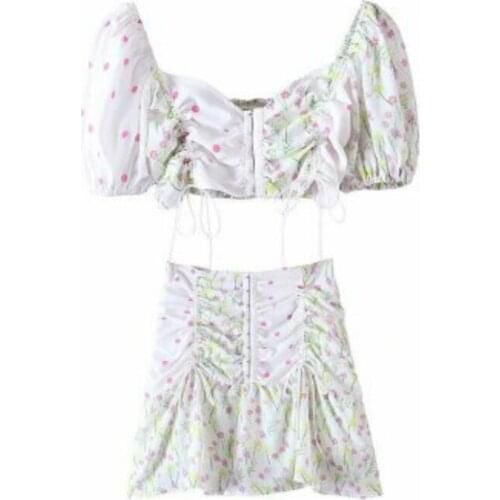 2 piece set women new style fashion V-neck top skirt suit floral lantern sleeves exposed navel shirt +stitching skirt women suit