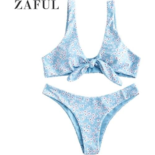 ZAFUL Women Tiny Floral Low Waist Knot Bikini Swimsuit Plunging Neck Print Bohemia Bathing Suit Padded Sexy Swimwear Bikini Set