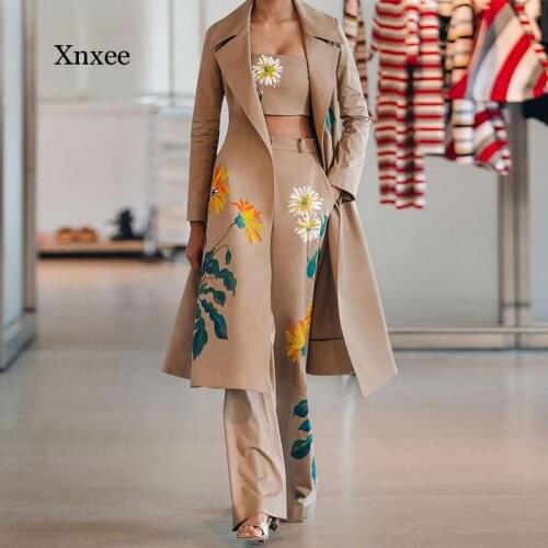 Autumn and Winter Womens Long Trench Coat Womens Suit Fashion Temperament Printed Floral Windbreaker Wide-Leg Pants Suit