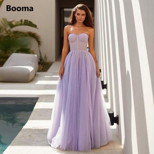 Booma Lavender Strapless Tulle Prom Dresses 2021 Sleeveless Corset Bustier A-Line Maxi Wedding Party Dresses Engagement Dresses