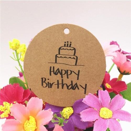 100Pcs Brown Round Shape Kraft Paper Tag Printed Happy Birthday Cake Hat Pattern for Jewelry/Birthday/Cake Gift Boxes Price Tags