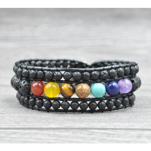 7 Chakra Lava Natural Stone Beaded Bracelet Essential Oils Diffuser Healing Bead Button Reiki Yoga Leather Wrap Bracelet For Men