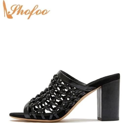Black High Chunky Heels Mules Peep Toe Woman Sandals Slip On Large Size 14 16 Ladies Fashion Narrow Band Casual Shoes Shofoo