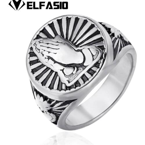 Elfasio Religious Prayer Hands Rings for Men Silver Color Stainless Steel Blessed Sacred Vintage Jewelry