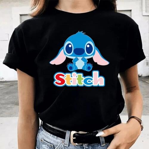 Womens Disney Lilo Stitch T-shirt Summer Hot Selling Short Sleeve Tops Harajuku Goth Streetwear Kawaii Female Black Tee T Shirt