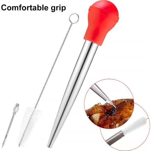 Turkey Baster Set with Silicone Bulb Stainless Steel Syringe Needles Cleaning Brush BBQ Barbecue Seasoning Tool