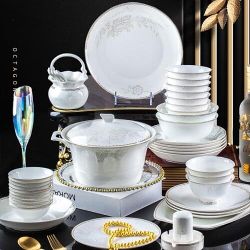 60 Heads Jingdezhen Ceramic Dinner Kitchen Tableware Dish Rice Bowl Soup Bowl Salad Noodles Bowl Plate Dish Bowl Dinnerware Set