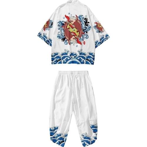 2021 6XL 5xl 3xl 4xl Carp China Beach Harajuku Japanese Sets Fashion Kimono Men Women Cardigan Haori Obi Asian Clothes Pant Suit
