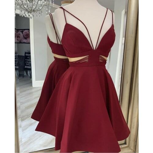 Short A-Line V-Neck Satin Burgundy Homecoming Dresses with Pockets Knee Length Criss Cross Strap Graduation Dresses for Teens