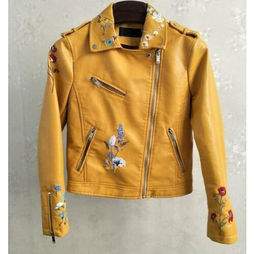 Women Fashion Yellow Flower Embroidered Vintage Jacket Girl Long Sleeve Outfits Faux Leather PU Short Motorcycle Coat Streetwear