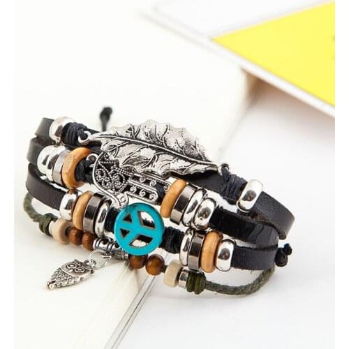 CHENFAN Punk style leaf palm owl alloy bracelet for men multi-layer pendant leather bracelet jewelry wholesale gifts for men