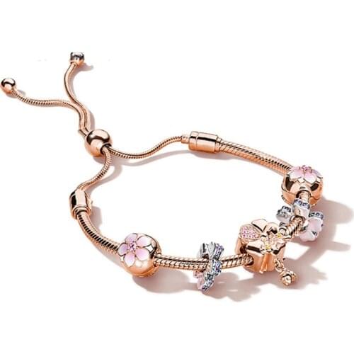 NEW 100% 925 Sterling Silver Brand New Bracelet Set Magnolia Flower and Ever Blooming Charm Rose Gold Bracelet Set Elegant