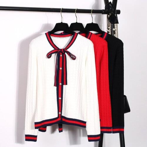 Queechalle Autumn knitted cardigans coat Female bow ties V neck long sleeve cardigan Womens stripe patchwork edge casual tops
