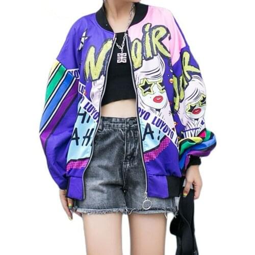 Autumn Fashion Bat Sleeve Coat Women Loose Thin Letter Printing Clothing 2021 New Trend Cartoon Graffiti Baseball Shirt Jackets