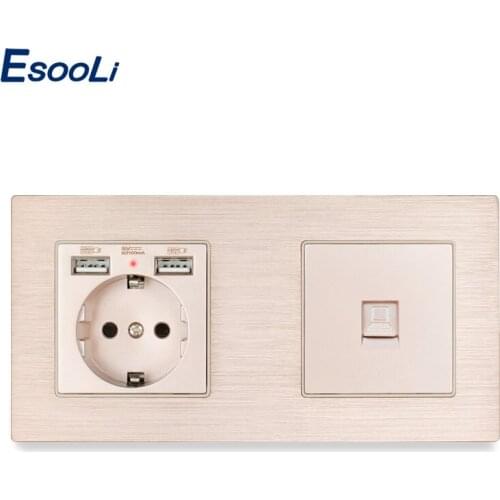 Esooli EU Standard Panel Socket with Dual USB Outlet + 1 Gang RJ45 Internet Jack Connector Computer Outlet Gold Aluminum Metal