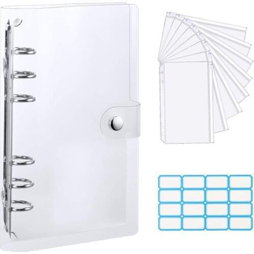 A6 Clear 6-Ring Soft PVC Notebook Binder Cover Planner Loose-Leaf Folder,Cash Budget Envelope System with 8Pcs Zipper Pockets