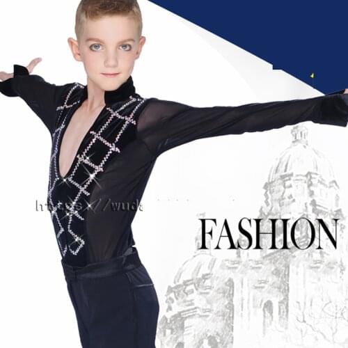 Customization Professional Latin Dance Tops Children Boys Ballroom Training Performance Rhinestone Latino Dancing Shirt DWY1138